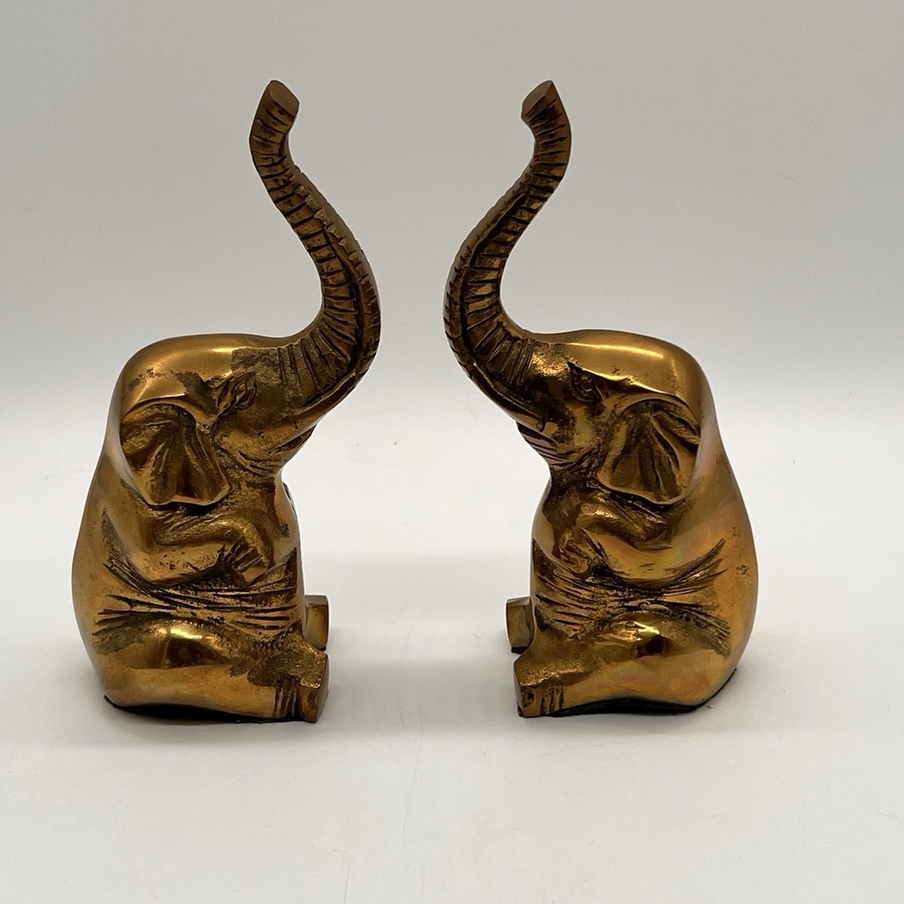 Brass Elephant Bookends Set of 2 Truck Up Gold 6.5"H Vintage Heavy Antique